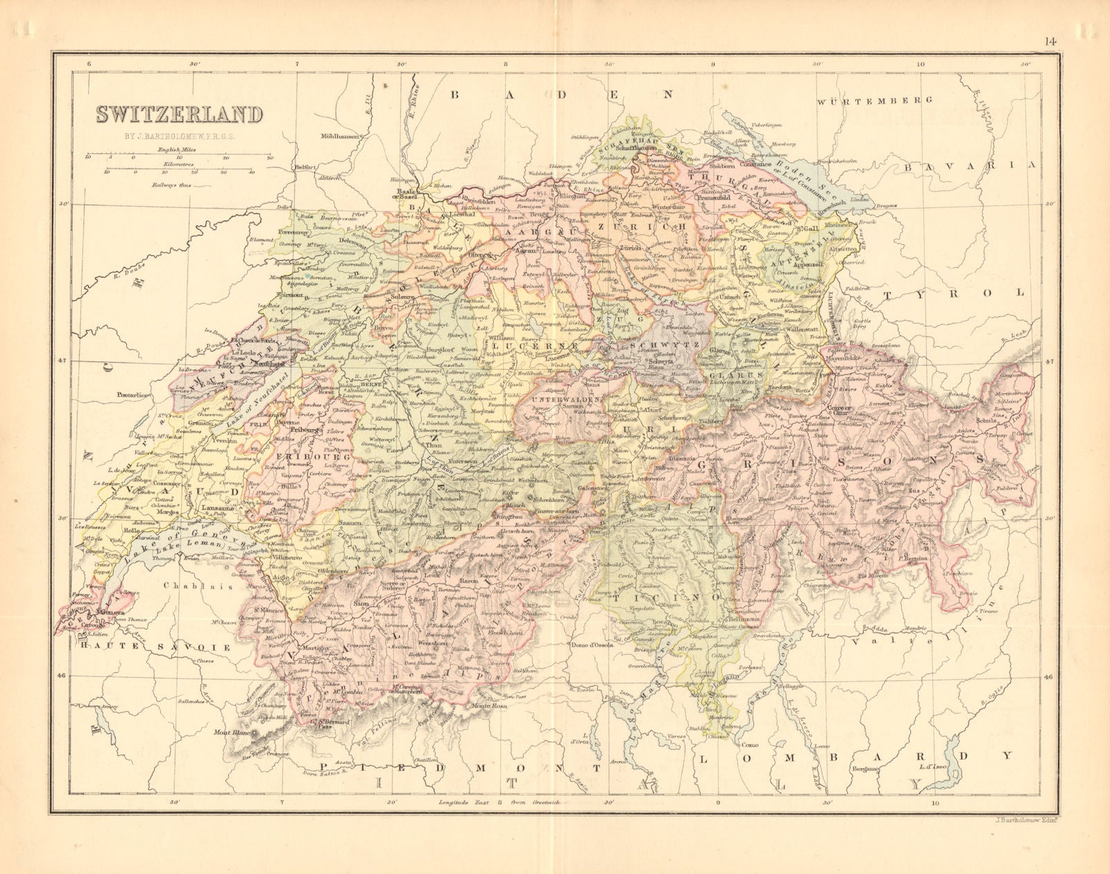 'Switzerland'. Cantons. Railways. BARTHOLOMEW 1876 old antique map plan chart